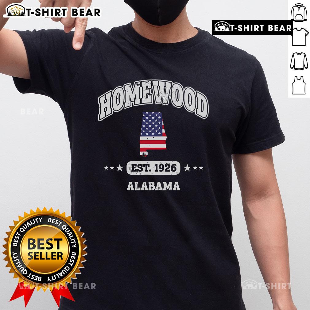 Top Homewood Est 1926 Alabama American Flag T-Shirt featuring a vintage design and bold patriotic colors.