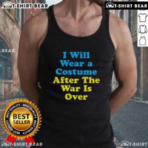 Alt Text: Woman wearing 'I Will Wear A Costume After The War Is Over' tank top, showcasing unique graphic design and casual style.