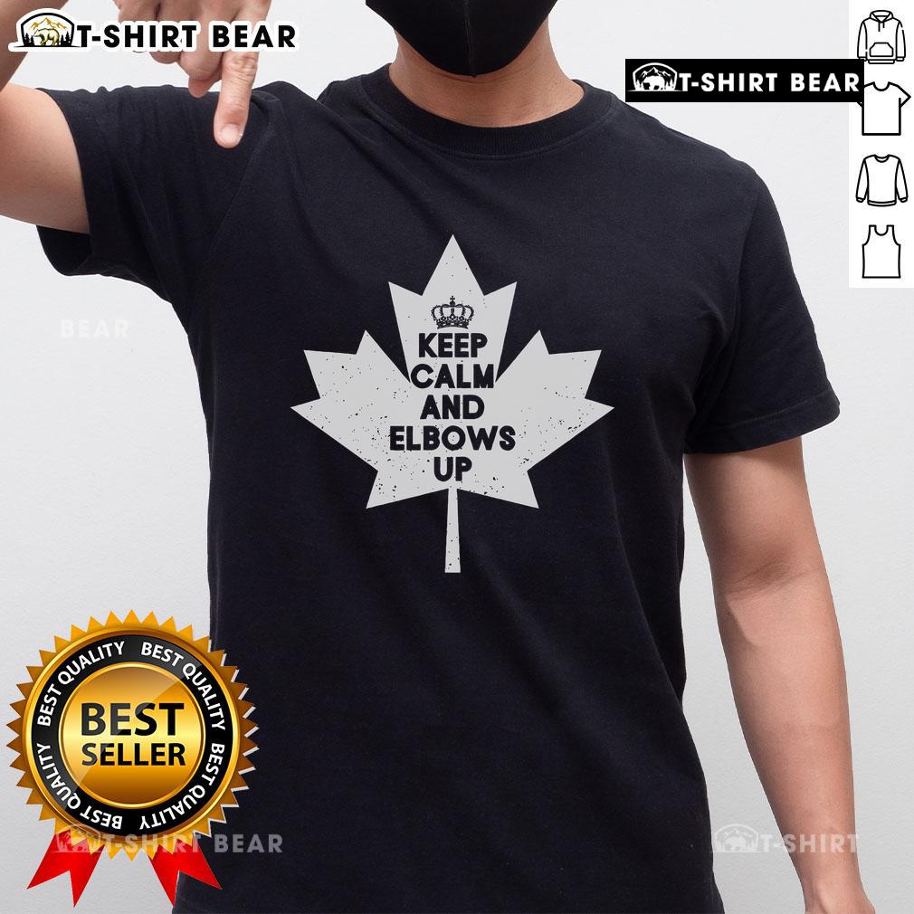 Top Keep Calm And Elbows Up Canadian Maple Leaf T-Shirt design featuring a bold maple leaf and fun typography.