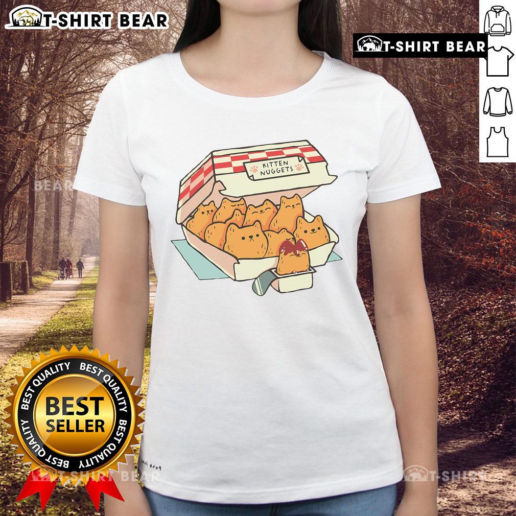 Top Kitten Nuggets tee for cat moms, featuring playful kitten graphics and fast food theme, perfect for casual wear.