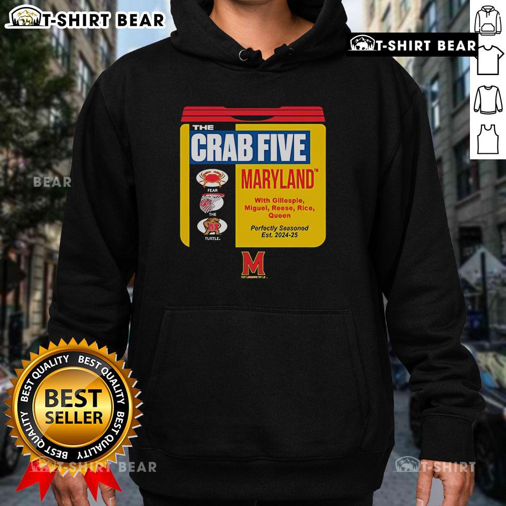 Alt Text: Top Maryland Basketball hoodie featuring The Crab Five and Old Bay Can design, perfect for fans and collectors.