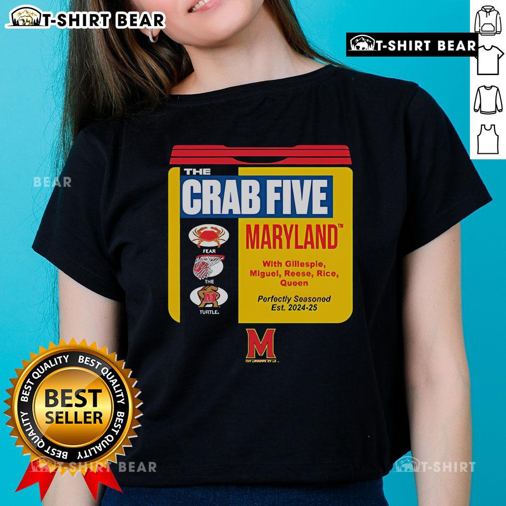Alt Text: Top Maryland Basketball Crab Five Old Bay Can Ladies Tee featuring vibrant design and team spirit.