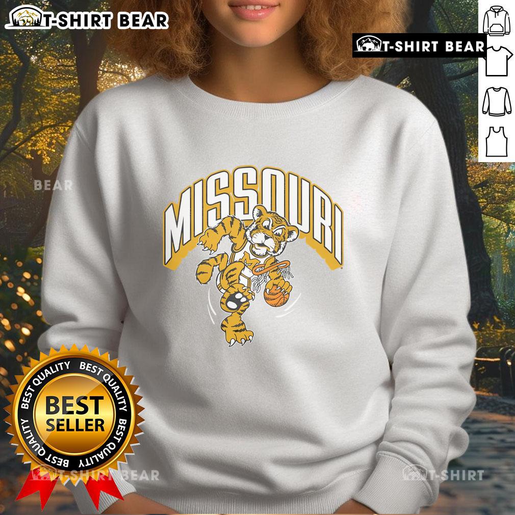 Top Missouri Tigers dunking sweatshirt featuring vibrant team colors and a dynamic basketball graphic.