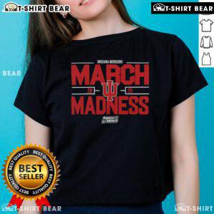 Alt Text: Top NCAA Men's Basketball 2025 Indiana Hoosiers March Madness ladies tee featuring team colors and logo.