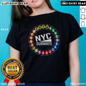 Stylish ladies tee featuring graphic of top NYC train station signs, perfect for New York City fans.