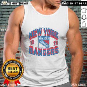 Top New York Rangers Rink Arched Wordmark Tank Top in blue, featuring the iconic team logo and stylish design.