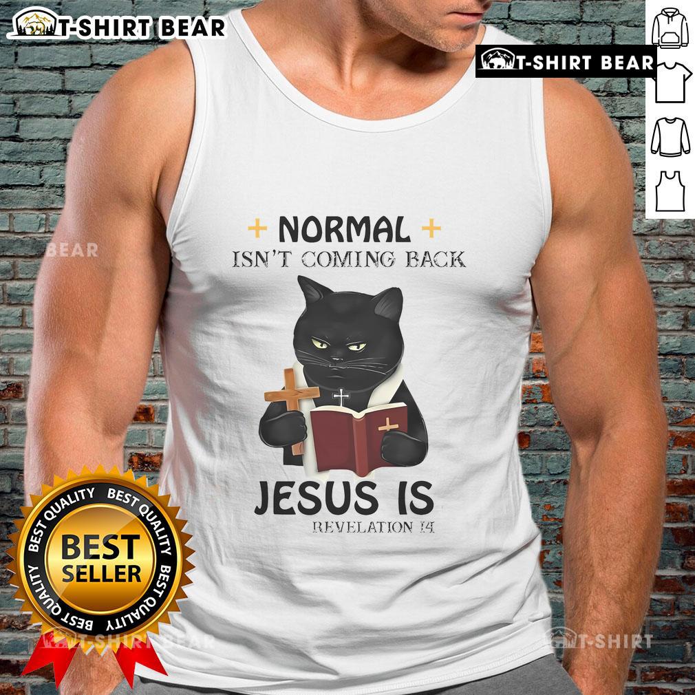 Black Cat Priest tank top featuring 'Top Normal Isn't Coming Back, Jesus Is' design, perfect for bold fashion statements.
