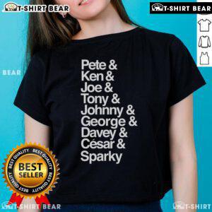 Top Pete, Ken, Joe, and Tony wearing stylish ladies tees in a vibrant outdoor setting, showcasing trendy fashion.