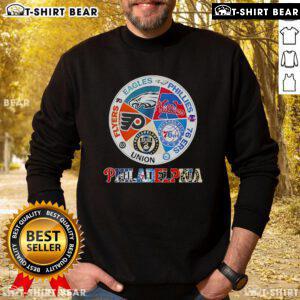 Cozy sweatshirt featuring top Philadelphia teams: Flyers, Eagles, Phillies, 76ers, and Union logos for sports fans.