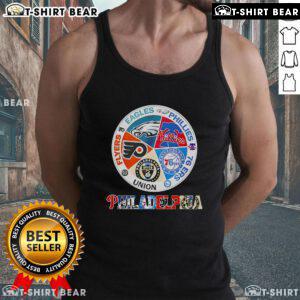 Top Philadelphia teams tank top featuring Flyers, Eagles, Phillies, 76ers, and Union logos in vibrant colors.