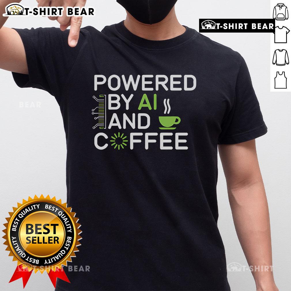 Trendy 'Powered By AI And Coffee' T-shirt design featuring bold text on a stylish tee, perfect for tech enthusiasts.