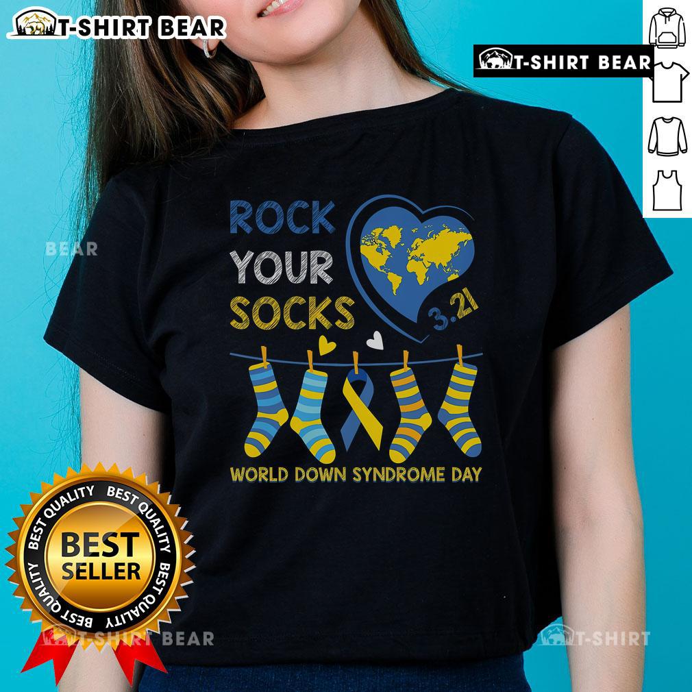 Top Rock Your Socks Awareness World Down Syndrome Day Ladies Tee featuring vibrant colors and a stylish design.