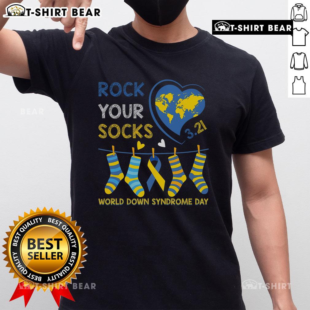 Top Rock Your Socks Awareness T-Shirt for World Down Syndrome Day featuring vibrant colors and fun design.