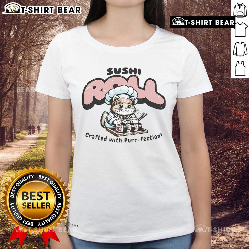 Cute preppy cat design on a sushi roll tee, perfect for sushi lovers and cat enthusiasts in Japanese food fashion.