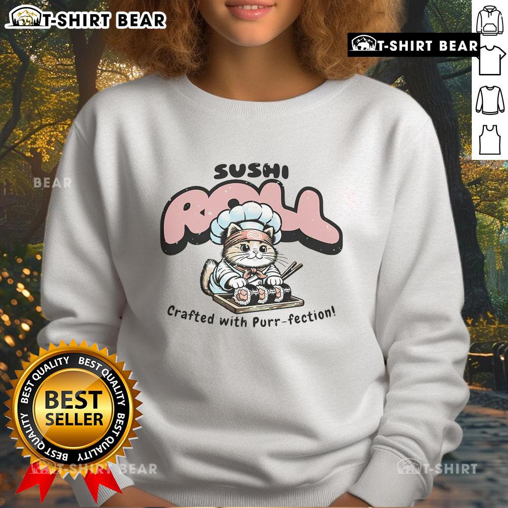 Alt Text: Preppy cat wearing a sweatshirt with a sushi roll design, perfect for sushi lovers and Japanese food enthusiasts.