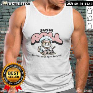 Preppy cat tank top featuring a cute sushi roll design, perfect for sushi lovers and cat enthusiasts.