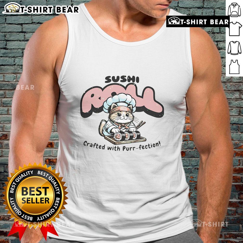 Preppy cat tank top featuring a cute sushi roll design, perfect for sushi lovers and cat enthusiasts.