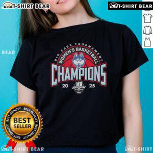 Alt Text: UConn Huskies Women's Basketball 2025 Big East Tournament Champions ladies tee, celebrating their victory in style.