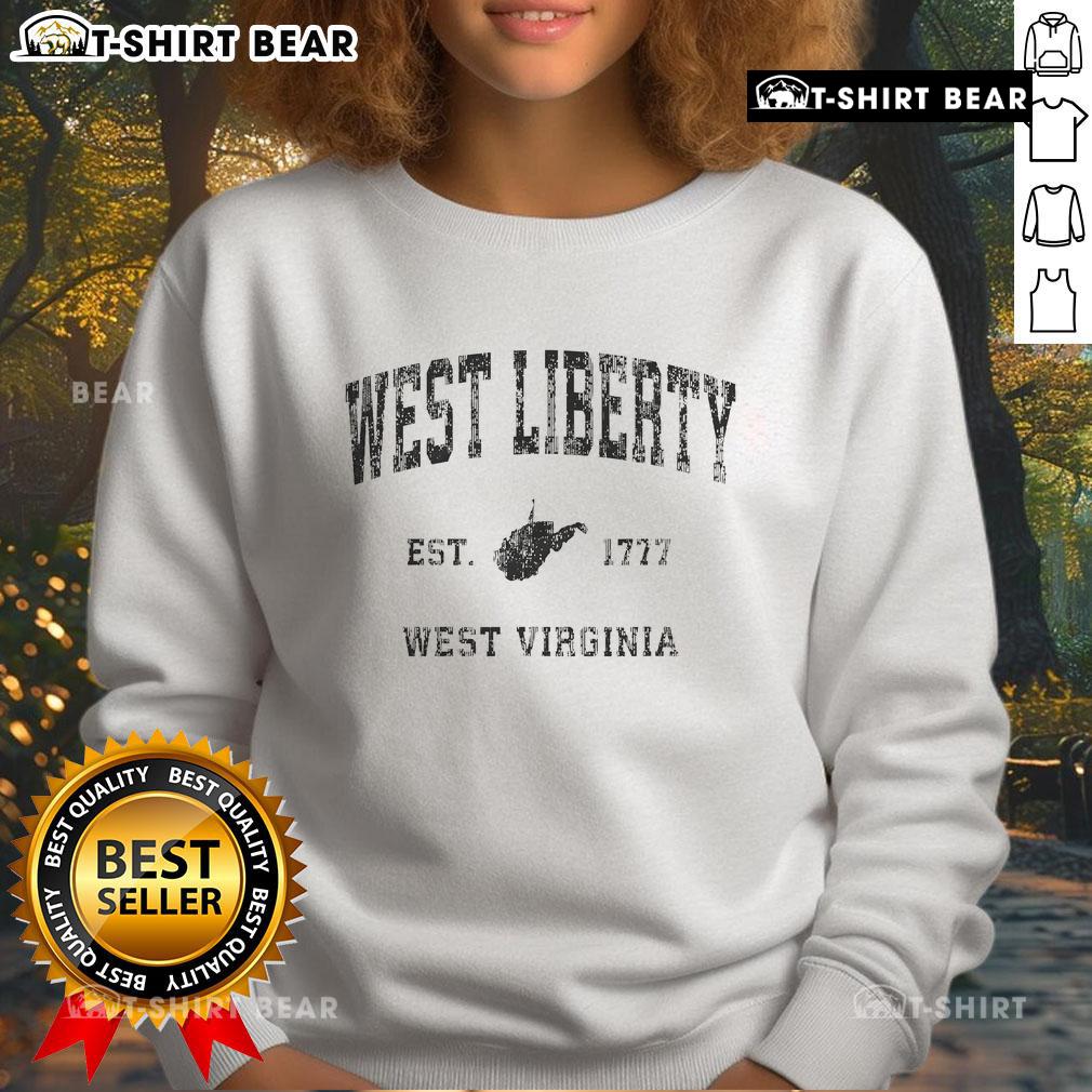 Vintage athletic sweatshirt featuring 'Top West Liberty West Virginia Est 1777' design, perfect for sports enthusiasts.