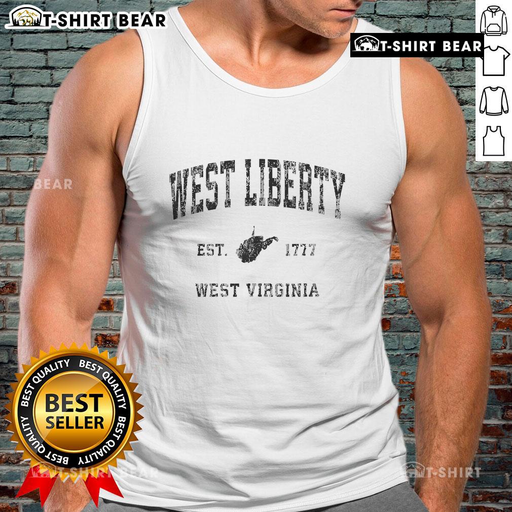 Vintage athletic sports tank top featuring 'Top West Liberty, West Virginia, Est. 1777' design for WV pride.