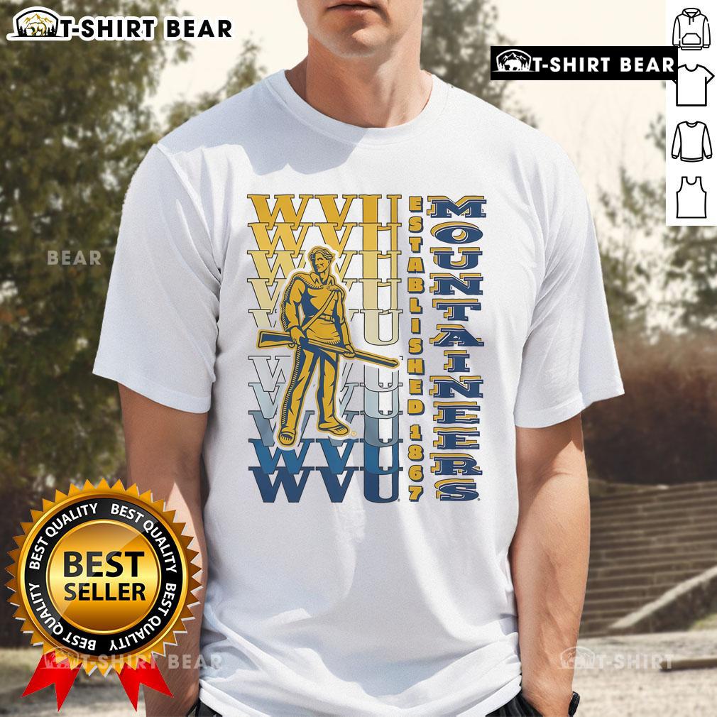Alt Text: Top West Virginia Mountaineers Gradient Wordmark T-Shirt featuring vibrant colors and team logo for fans.