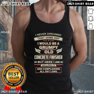 Grumpy old concrete finisher wearing a tank top, showcasing a humorous attitude and dedication to the craft.