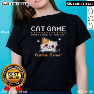 Cute pixel art of a cat in a gaming setting on a ladies tee, featuring the phrase 'Don't Look at the Cat'.