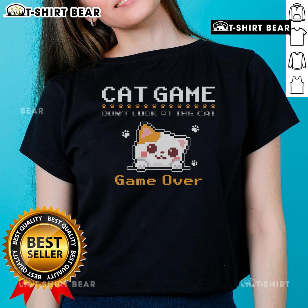 Cute pixel art of a cat in a gaming setting on a ladies tee, featuring the phrase 'Don't Look at the Cat'.