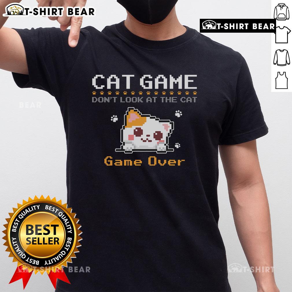 Cute Cat Game Don't Look At The Cat Gamer Pixel Art T-Shirt featuring an adorable pixelated cat design.