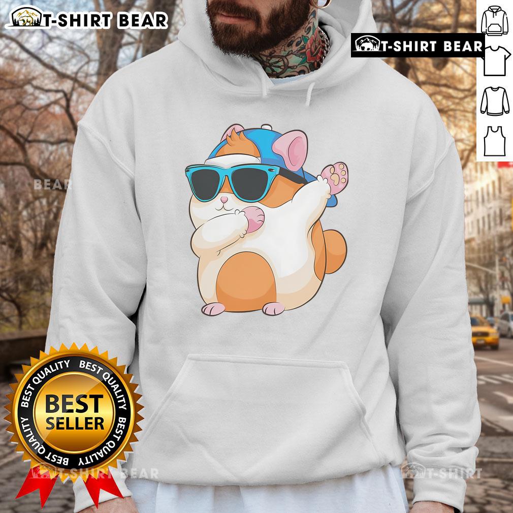Alt Text: Cute dabbing hamster in a pet hoodie striking a funny dab dance pose, showcasing adorable pet fashion.