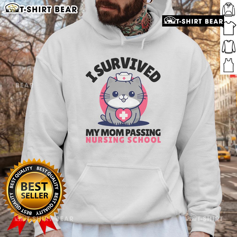 Cute cat nurse hoodie celebrating nursing school success with 'I Survived Mom Passing' design, perfect for proud graduates.