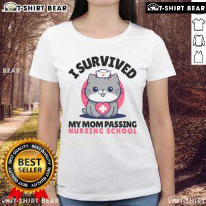 Alt Text: Cute cat nurse graphic on a tee shirt celebrating I Survived Mom Passing Nursing School for nursing students.