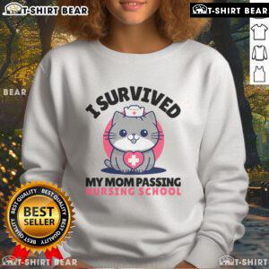 Cute cat nurse sweatshirt celebrating surviving nursing school, perfect for proud nursing students and cat lovers.