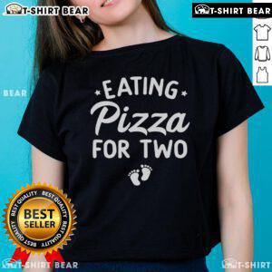 Funny Eating Pizza for Two Pregnancy Announcement Ladies Tee design featuring a playful graphic of a pregnant woman enjoying pizza.