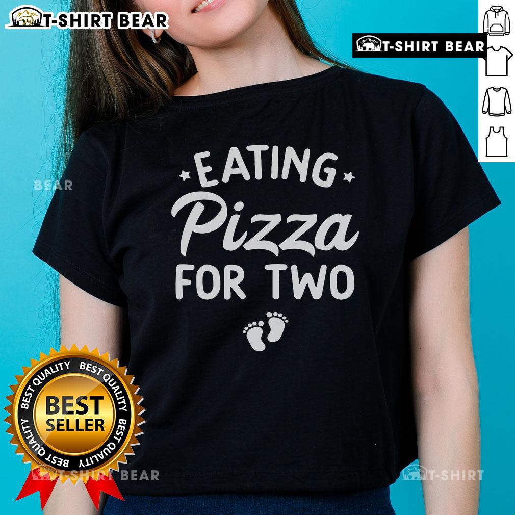 Funny Eating Pizza for Two Pregnancy Announcement Ladies Tee design featuring a playful graphic of a pregnant woman enjoying pizza.