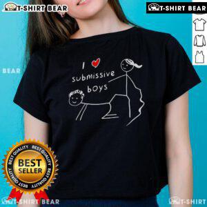 Happy stickman graphic on a ladies tee with 'I Love Submissive Boys' text, perfect for proud submissive supporters.