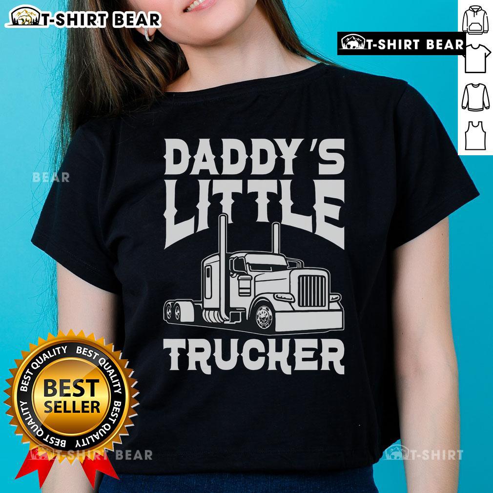Happy semi truck with a girl wearing 'Daddy's Little Trucker' ladies tee, celebrating trucking lifestyle and family.