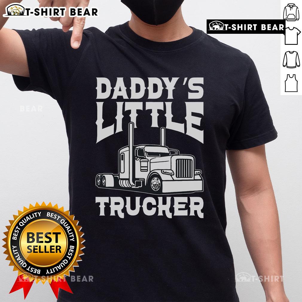 Alt Text: Happy semi truck graphic on Daddy's Little Trucker T-shirt, perfect for young truck enthusiasts and gift ideas.