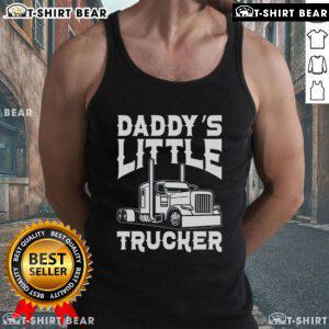 Alt Text: Happy semi truck wearing a 'Daddy's Little Trucker' tank top, showcasing pride for trucking and family.
