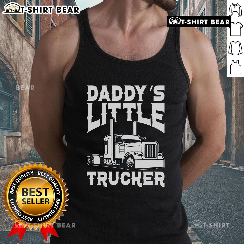 Alt Text: Happy semi truck wearing a 'Daddy's Little Trucker' tank top, showcasing pride for trucking and family.