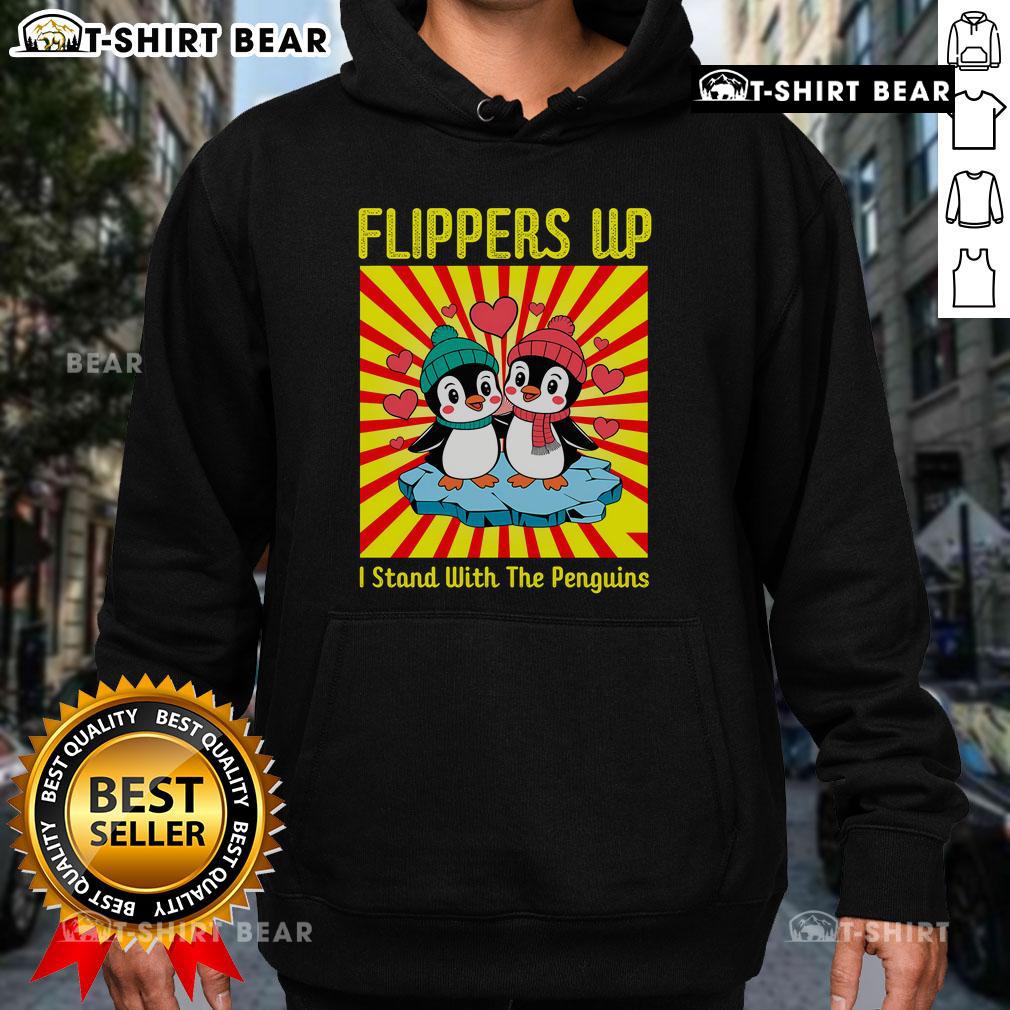 Cozy 'Nice Flippers Up I Stand With The Penguins' hoodie displayed on a hanger, perfect for penguin lovers and winter wear.