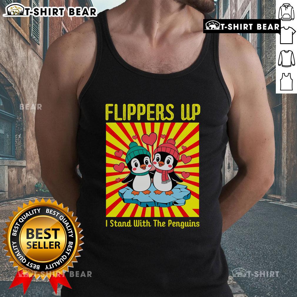 Stylish tank top featuring 'I Stand With The Penguins' and vibrant flippers graphic, perfect for penguin lovers.