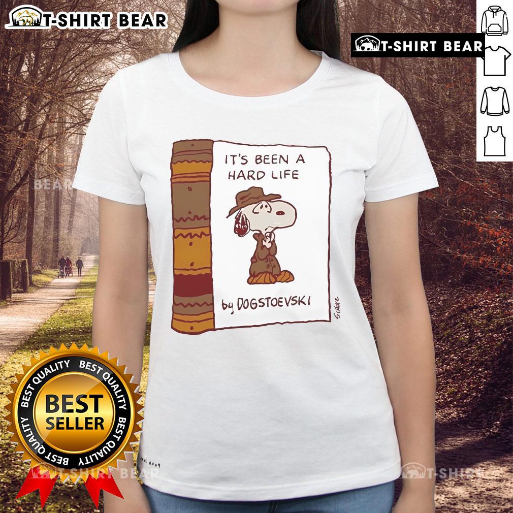 Official 'It's Been A Hard Life' by Dogstoevski ladies tee featuring stylish graphic design on a black shirt.