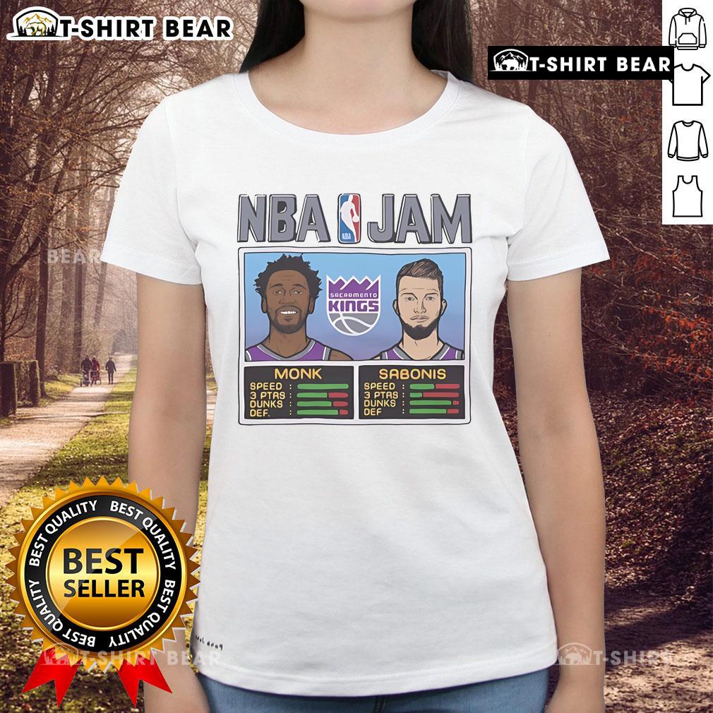 Alt Text: Official NBA Jam Clippers tee featuring Leonard and Harden performing dunks with speed, perfect for ladies.