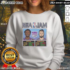 Alt Text: Official NBA Jam Clippers sweatshirt featuring Leonard and Harden performing dynamic dunks with Speed 3 Ptas design.