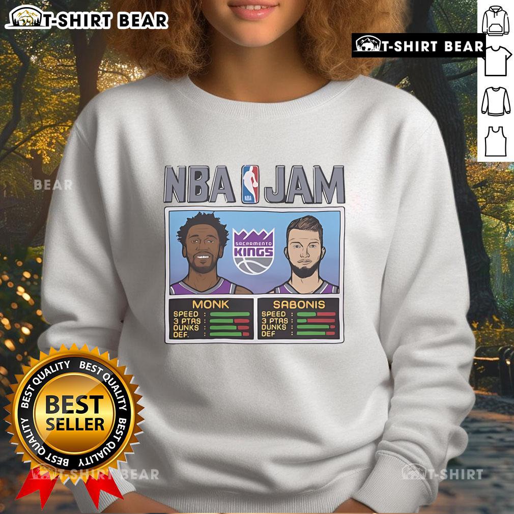 Alt Text: Official NBA Jam Clippers sweatshirt featuring Leonard and Harden performing dynamic dunks with Speed 3 Ptas design.