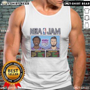 Official NBA Jam Clippers tank top featuring Leonard and Harden in action, showcasing speed and powerful dunks.