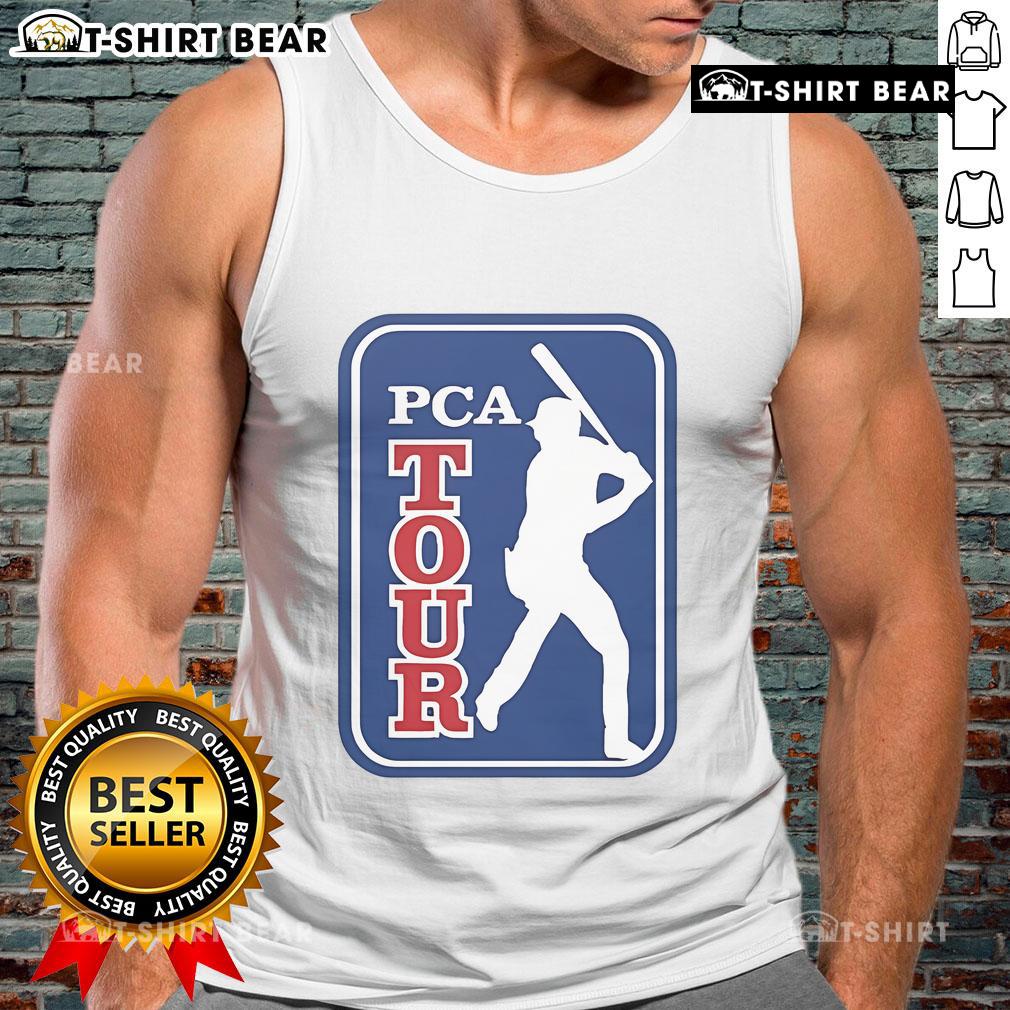 Alt Text: Pete Crow-Armstrong wearing an official PCA Tour tank top, showcasing his athletic style at a golf event.