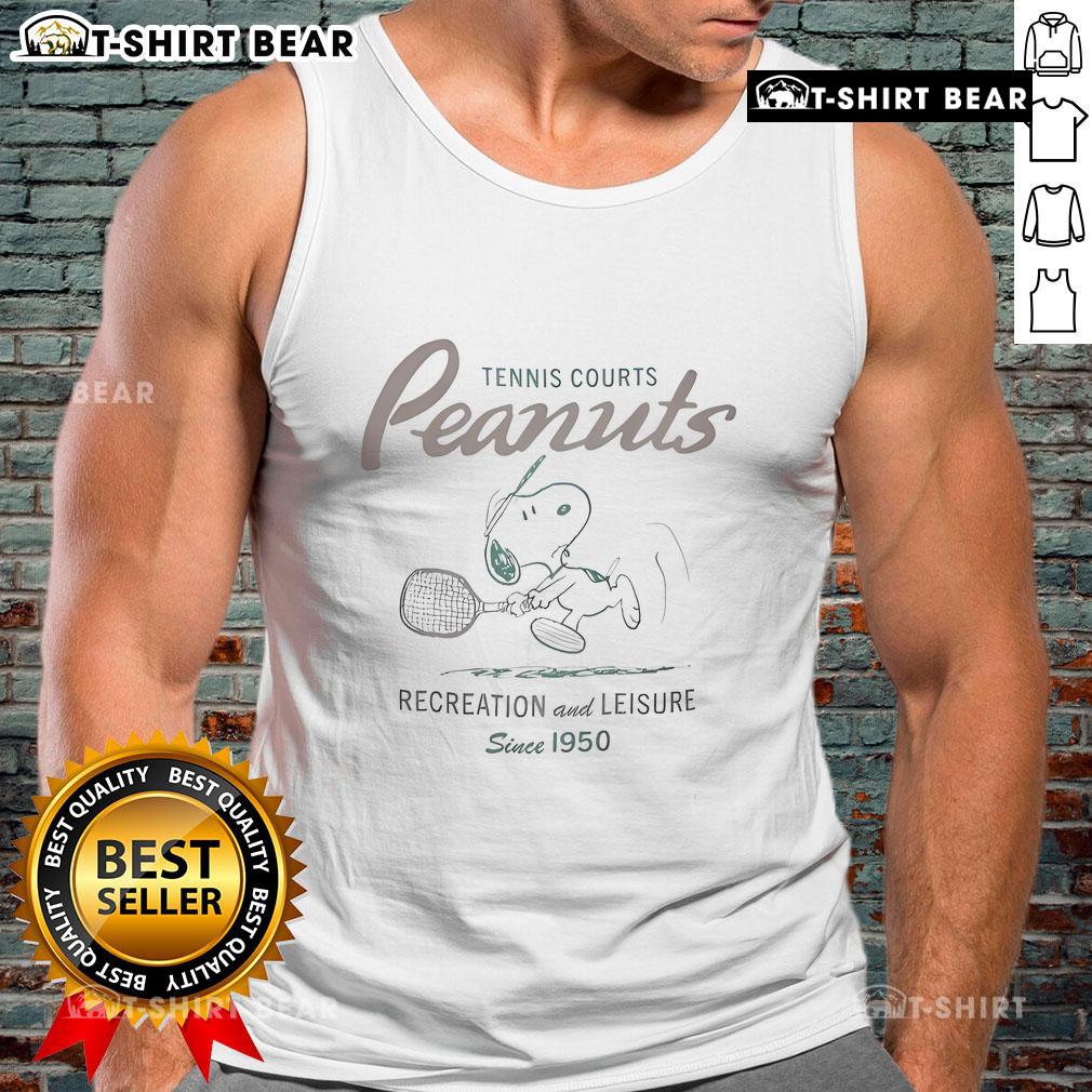 Official Peanuts Tennis Courts tank top, celebrating recreation and leisure since 1950, perfect for sports enthusiasts.