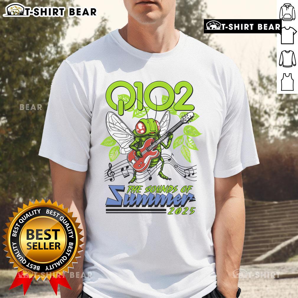Alt Text: Official Q102 Sounds of Summer Cicadas 2025 T-Shirt featuring vibrant cicada graphics and summer-themed design.